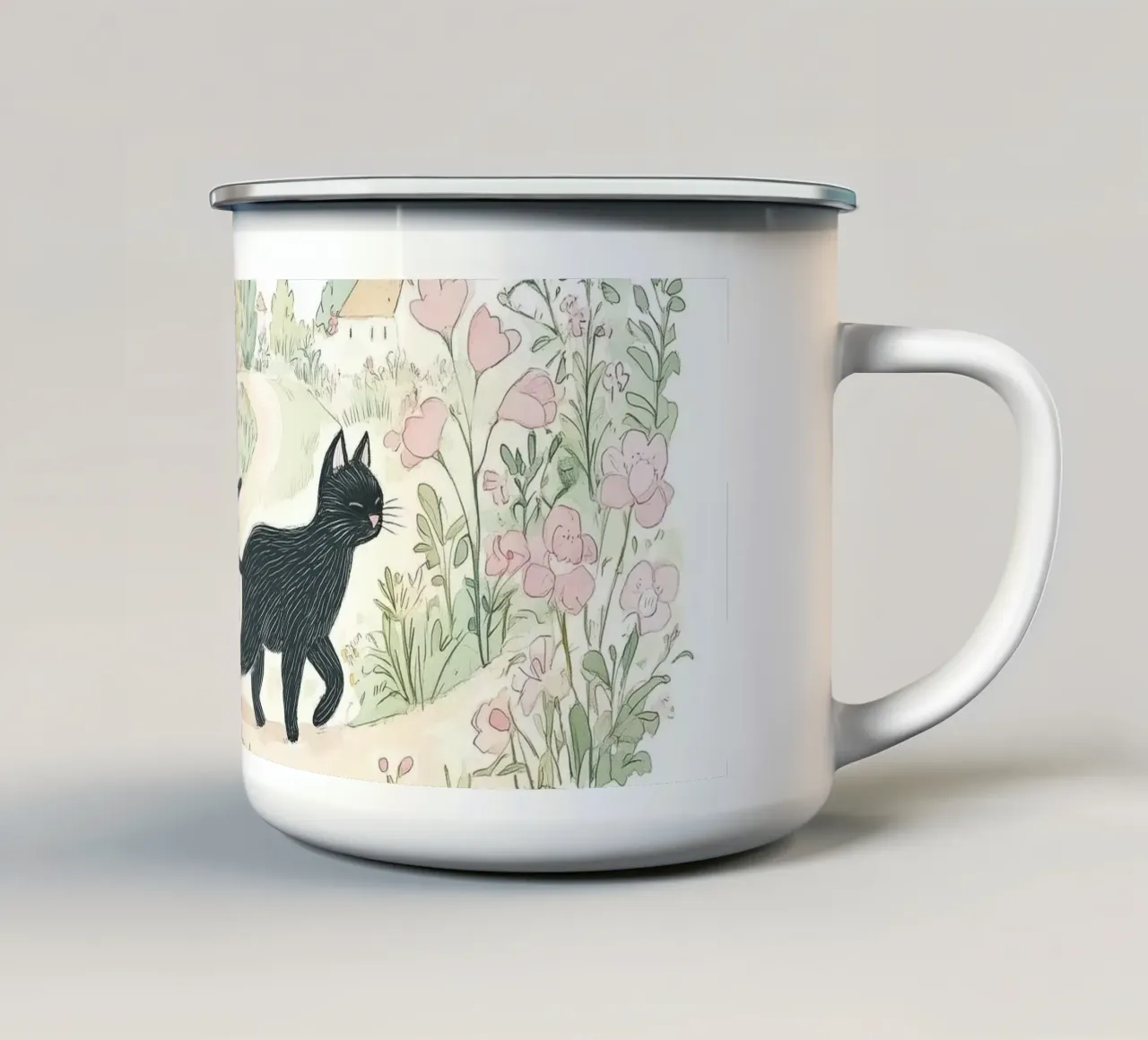 Scena di campagna con gatti neri tazza in smalto da Melloi Art Print