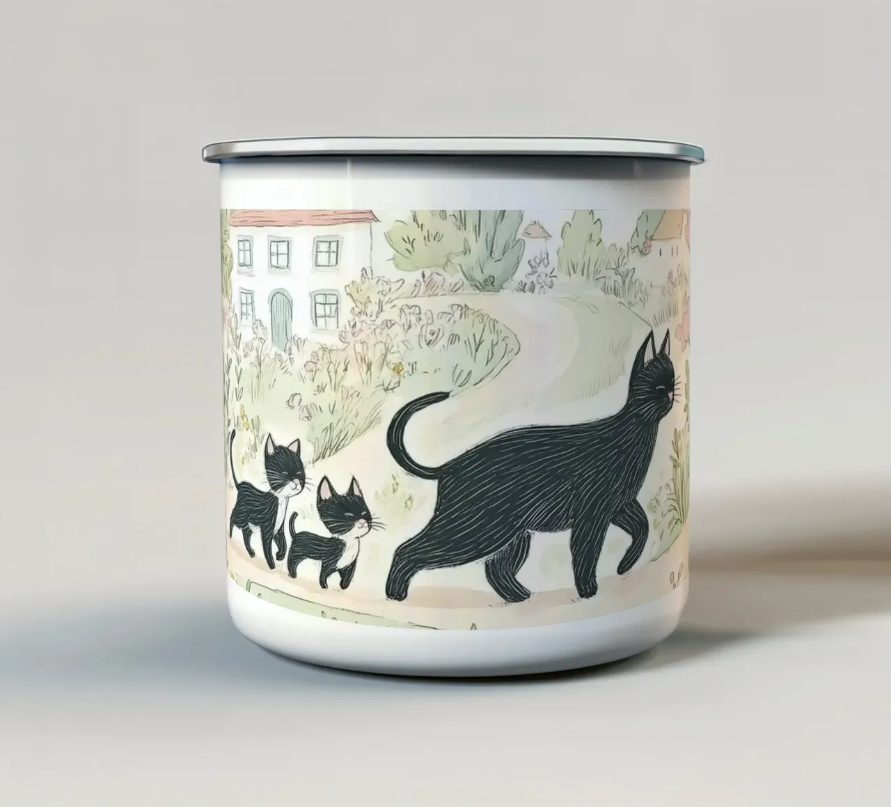 Scena di campagna con gatti neri tazza in smalto da Melloi Art Print