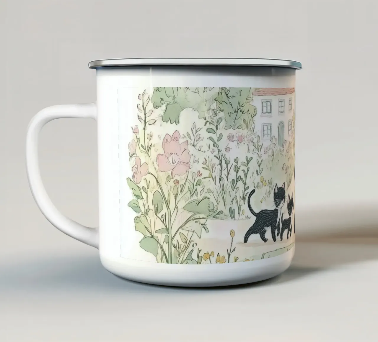 Scena di campagna con gatti neri tazza in smalto da Melloi Art Print