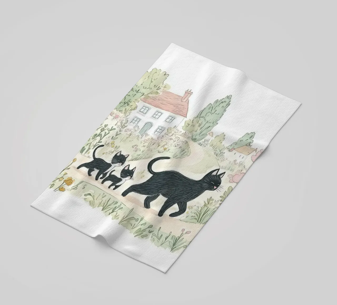 Scena di campagna con gatti neri telo mare da Melloi Art Print