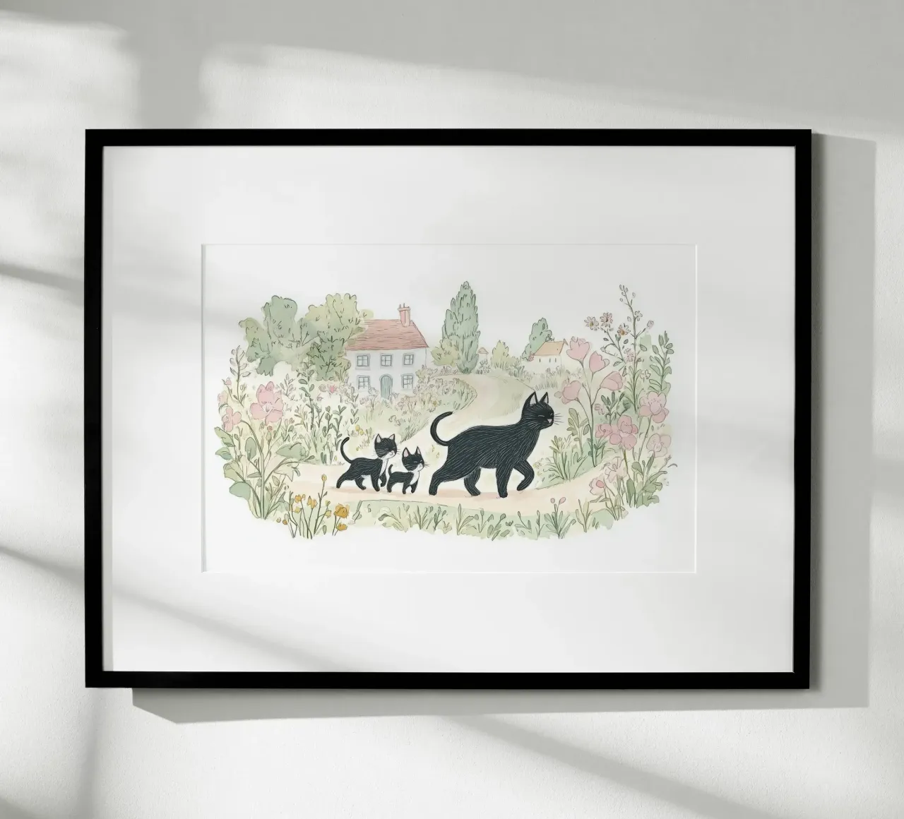 Scena di campagna con gatti neri poster con telaio in legno da Melloi Art Print