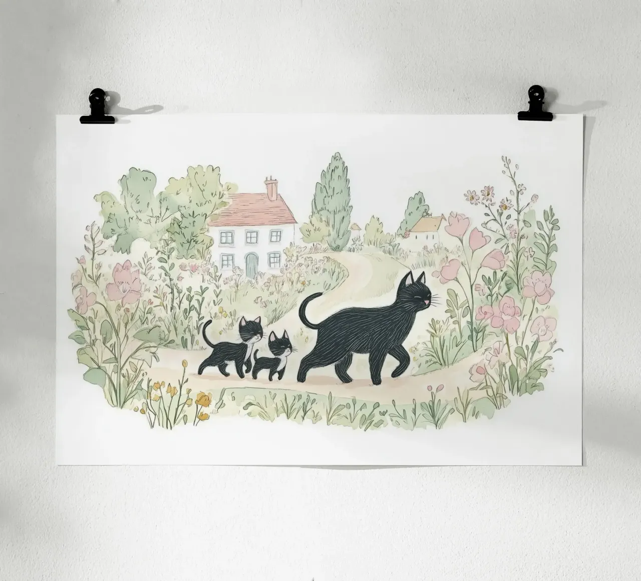 Scena di campagna con gatti neri poster con telaio in legno da Melloi Art Print