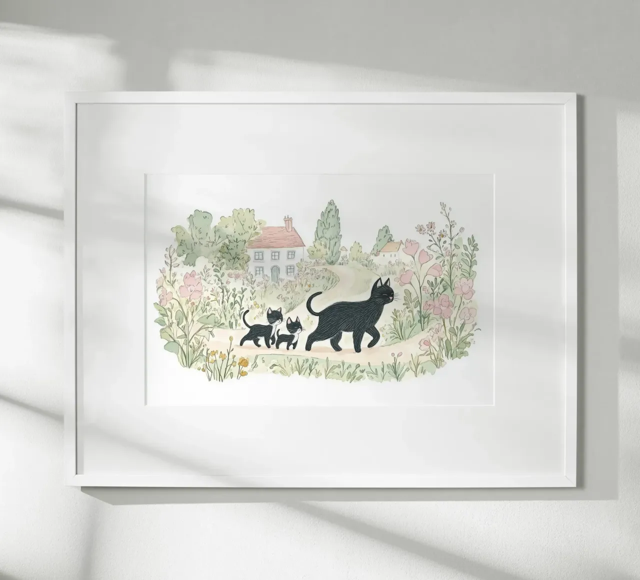 Scena di campagna con gatti neri poster con telaio in legno da Melloi Art Print