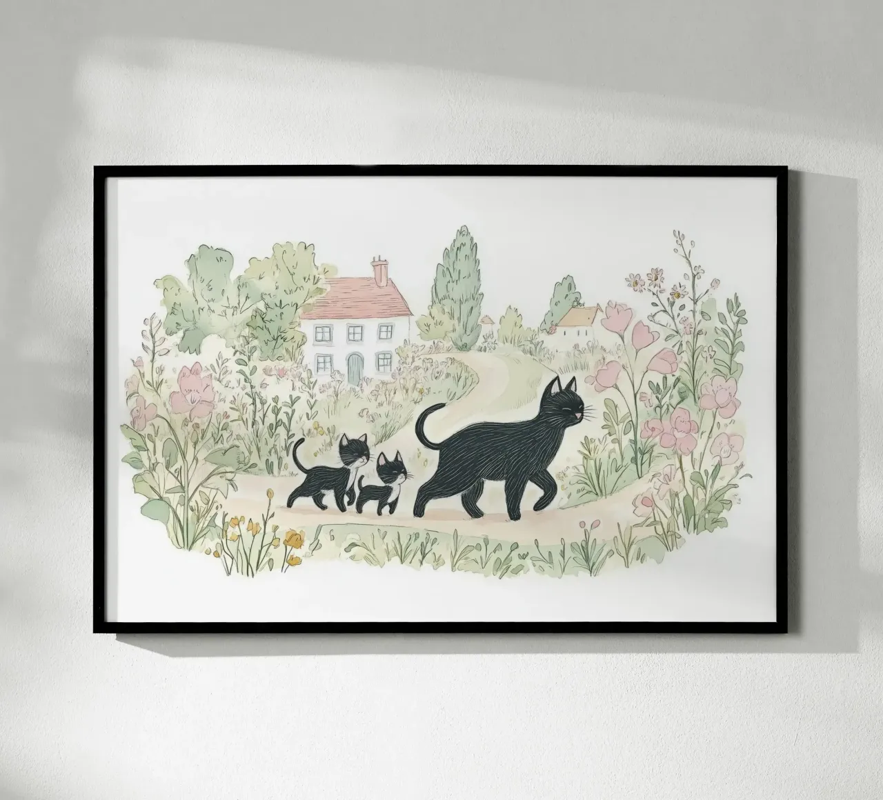 Scena di campagna con gatti neri poster con telaio in legno da Melloi Art Print