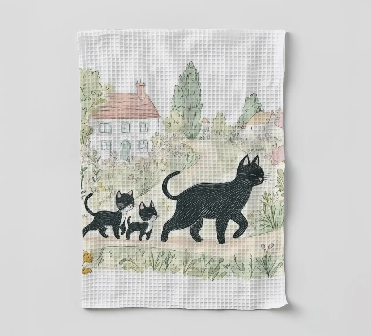Scena di campagna con gatti neri canovaccio da cucina da Melloi Art Print