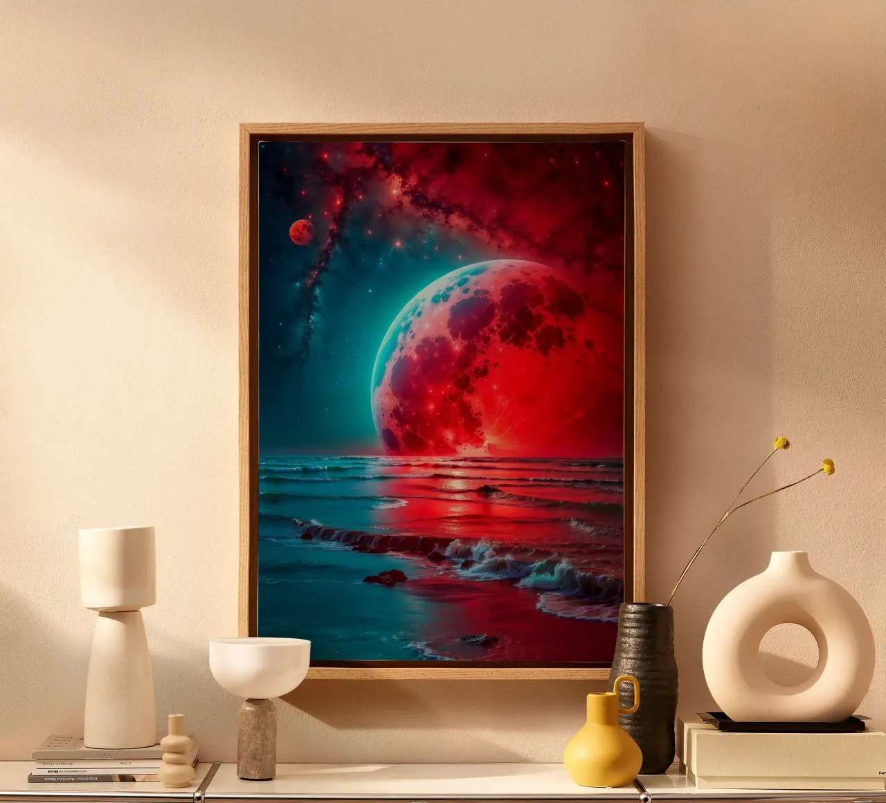 Red Moon and the Sea canvas with Floater frame by Lootprint