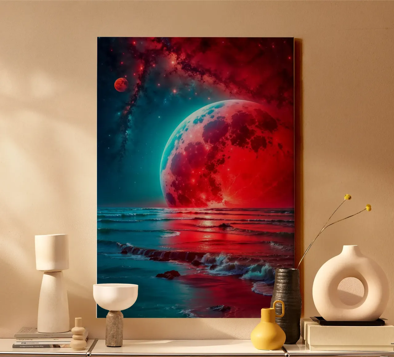 Red Moon and the Sea canvas with Floater frame by Lootprint
