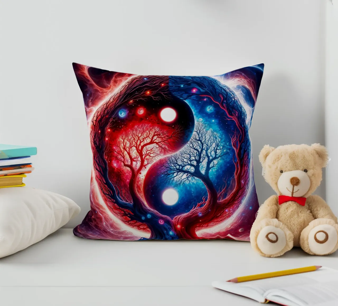 Paesaggio spaziale Yin Yang in rosso e blu cuscino da Lootprint