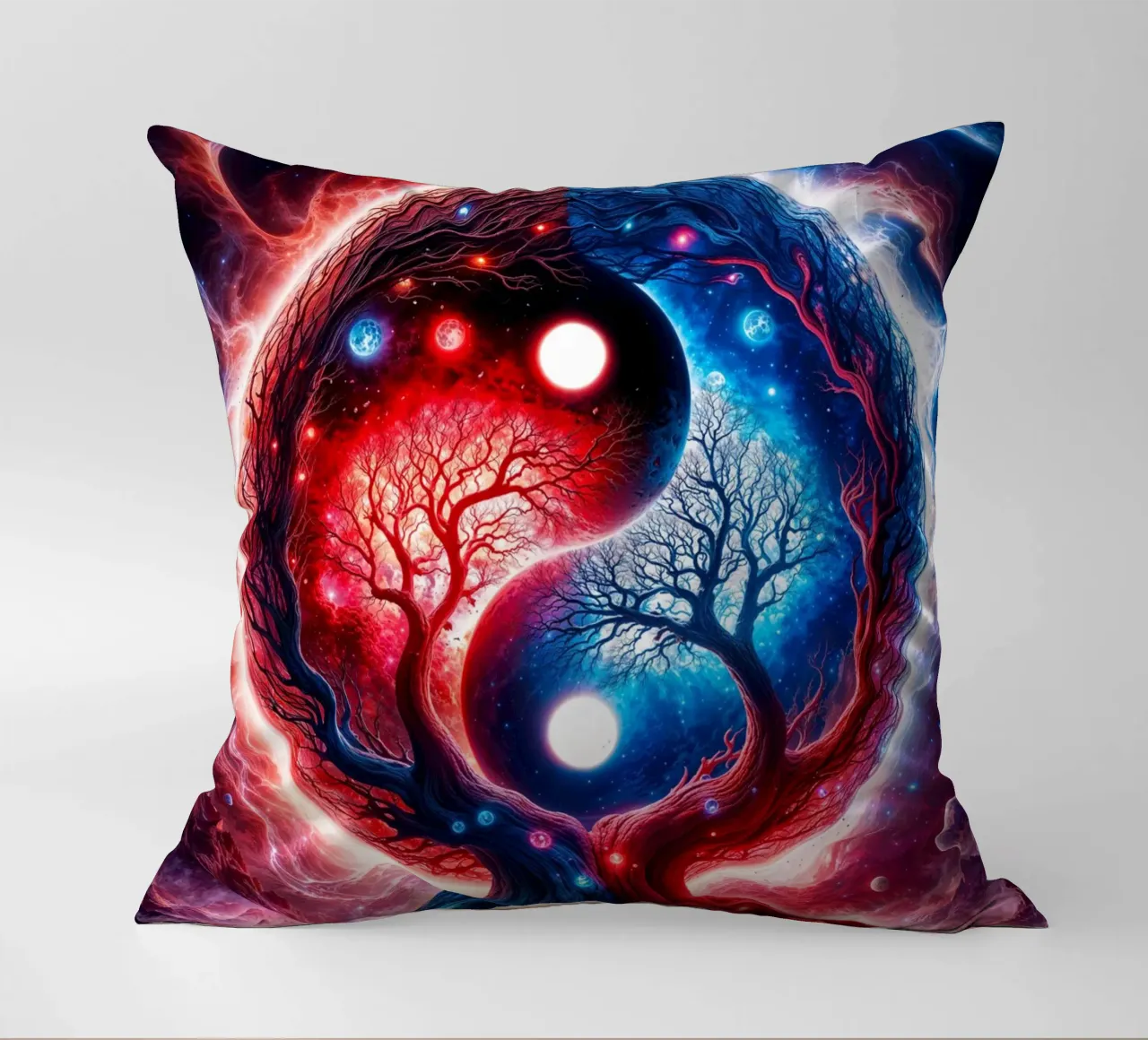Paesaggio spaziale Yin Yang in rosso e blu cuscino da Lootprint