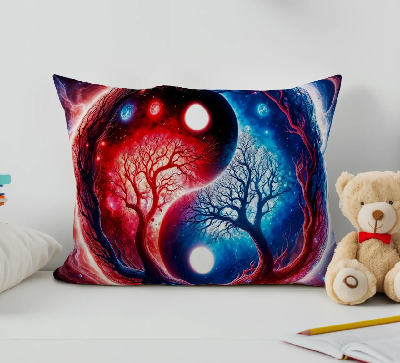 Paesaggio spaziale Yin Yang in rosso e blu cuscino da Lootprint