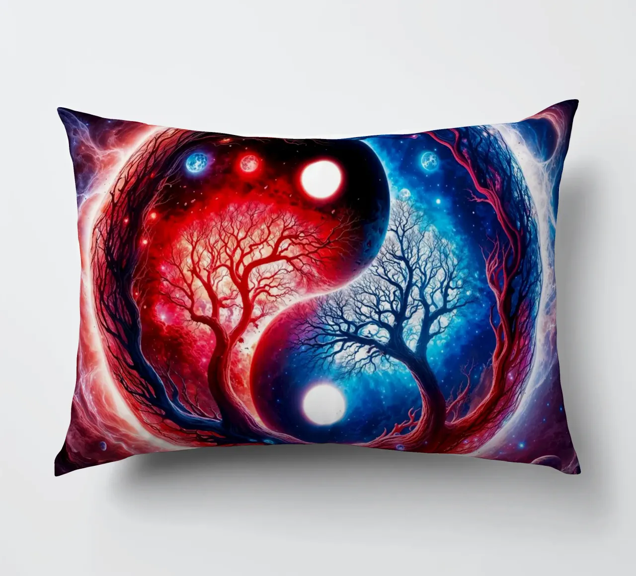Paesaggio spaziale Yin Yang in rosso e blu cuscino da Lootprint