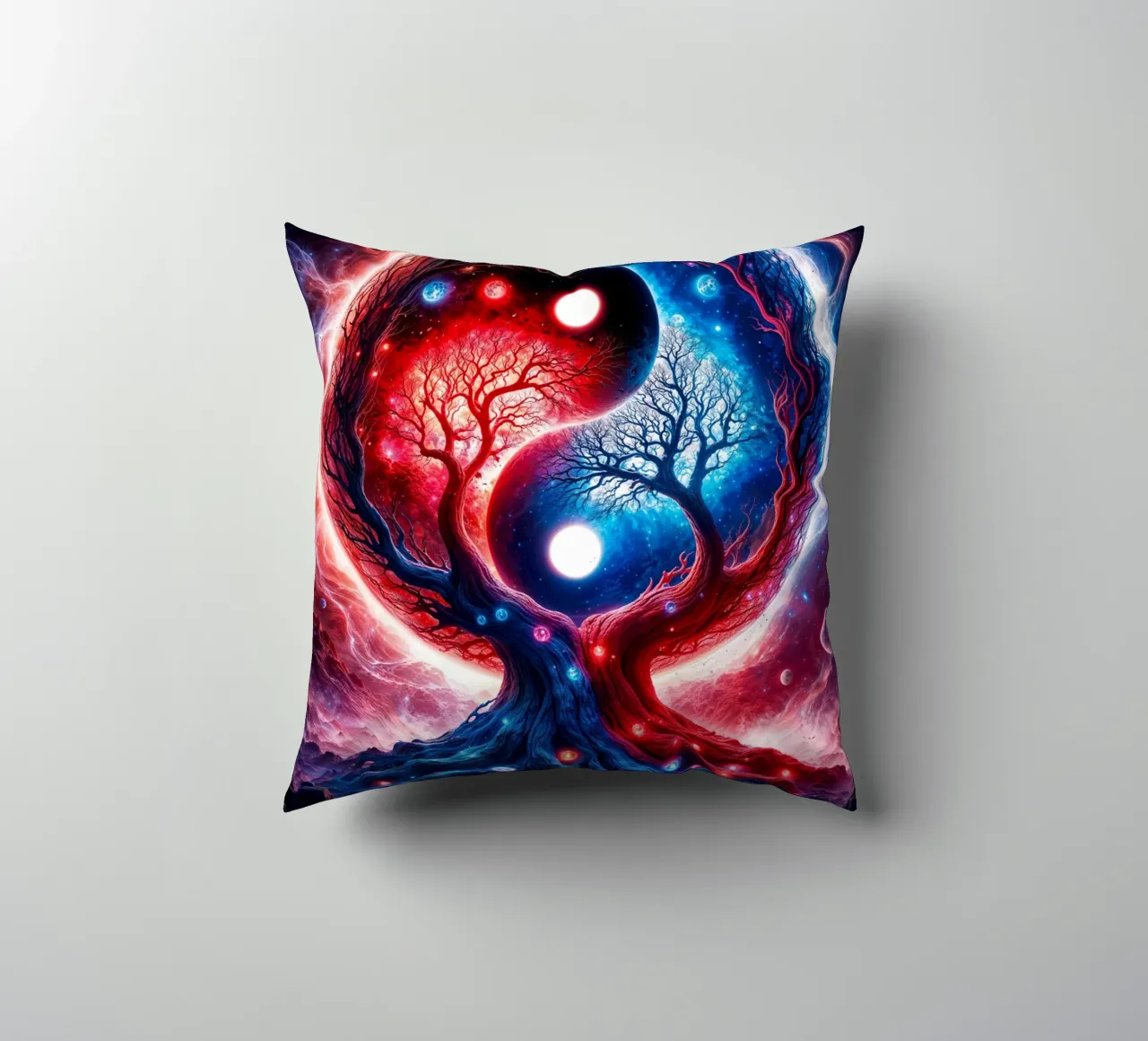 Paesaggio spaziale Yin Yang in rosso e blu cuscino da Lootprint