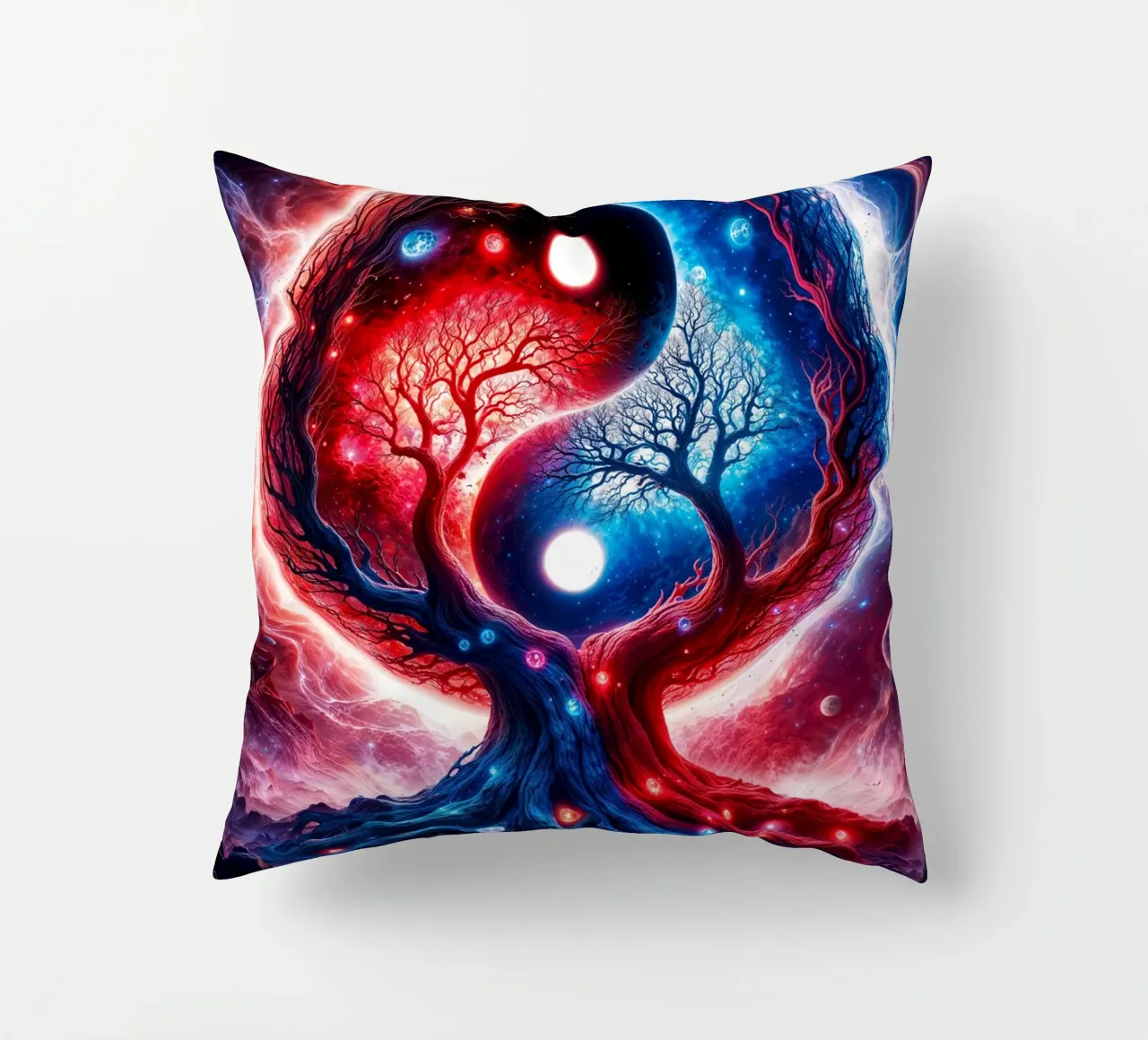 Paesaggio spaziale Yin Yang in rosso e blu cuscino da Lootprint