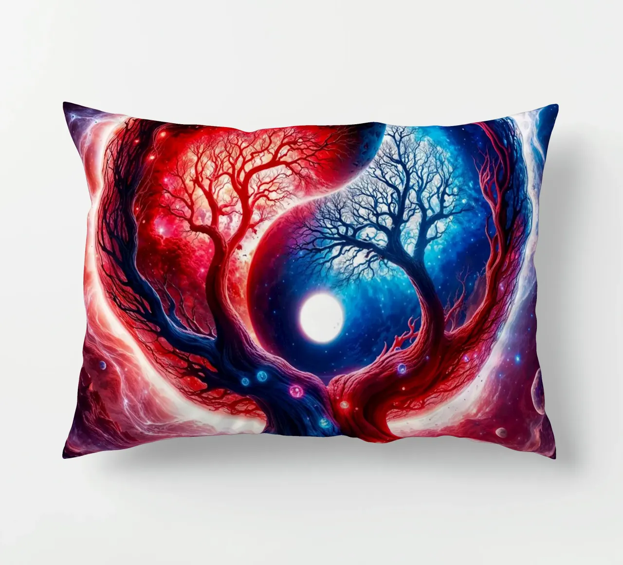 Paesaggio spaziale Yin Yang in rosso e blu cuscino da Lootprint