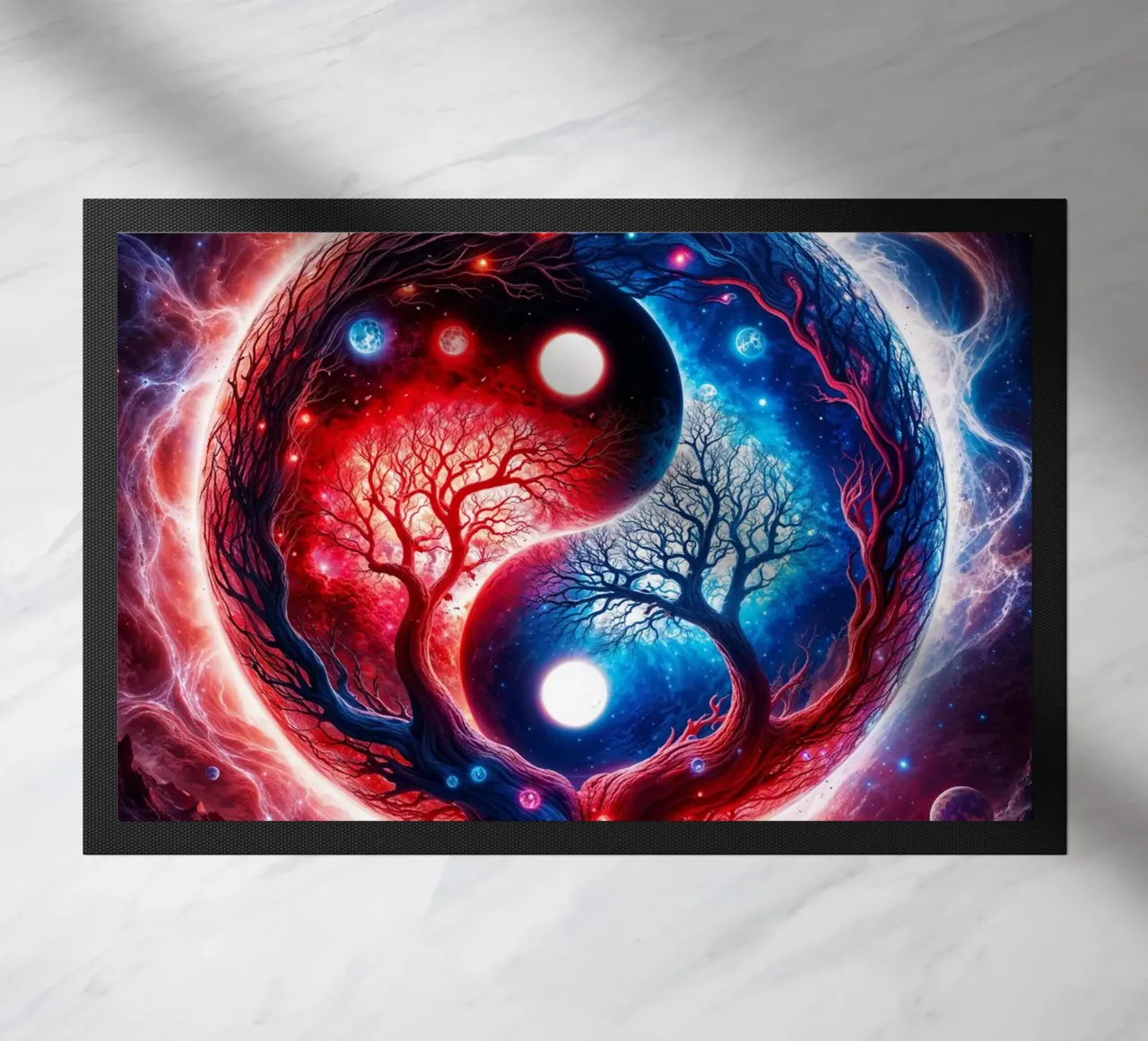 Paesaggio spaziale Yin Yang in rosso e blu zerbino da Lootprint