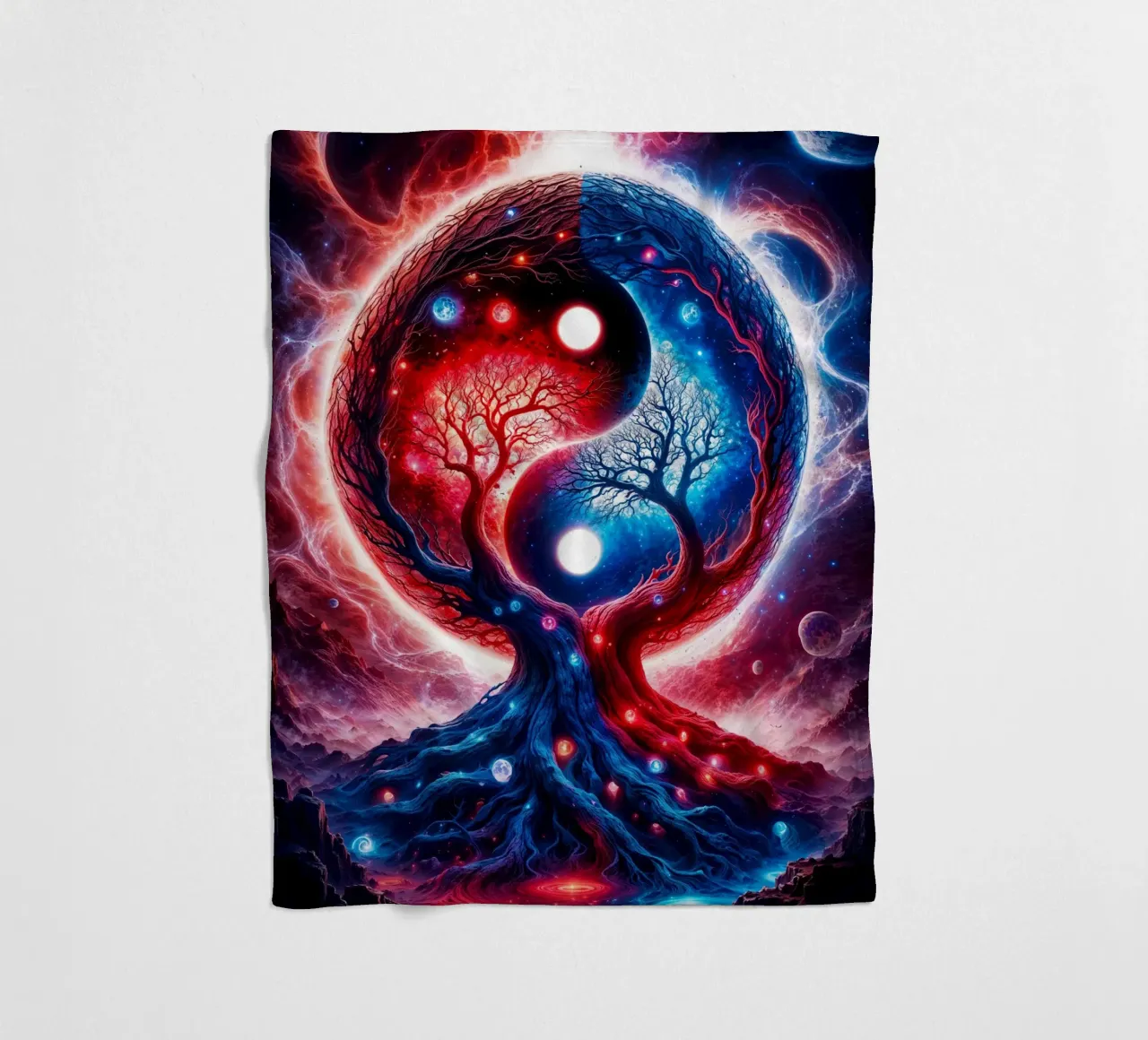 Paesaggio spaziale Yin Yang in rosso e blu coperta in pile da Lootprint