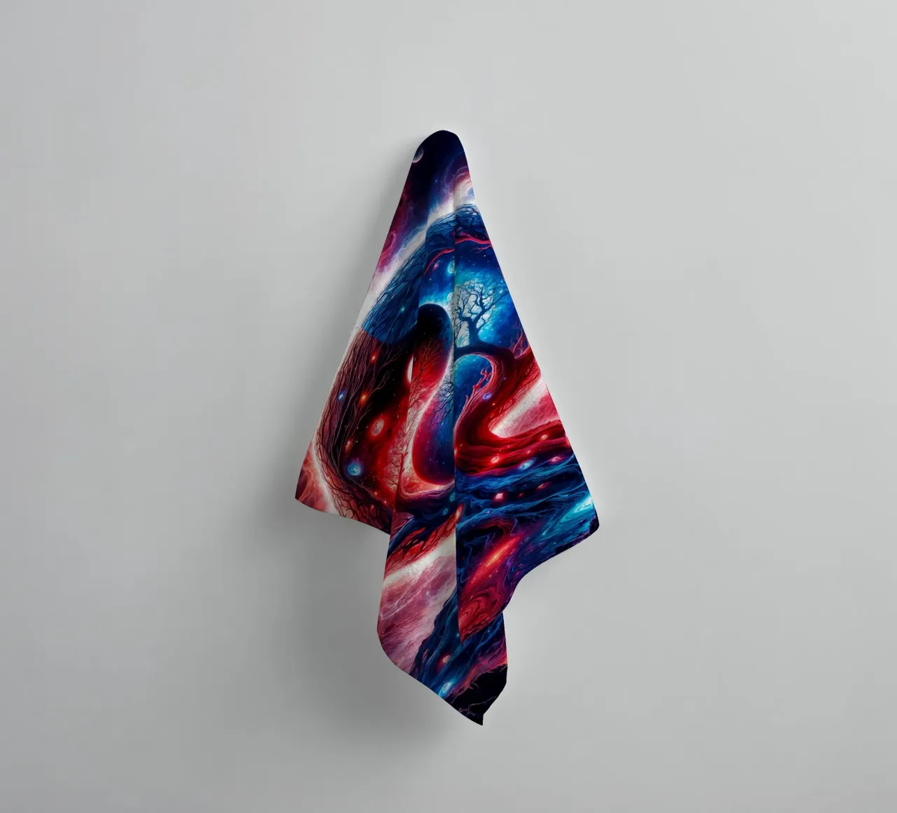Paesaggio spaziale Yin Yang in rosso e blu asciugamano da bagno da Lootprint
