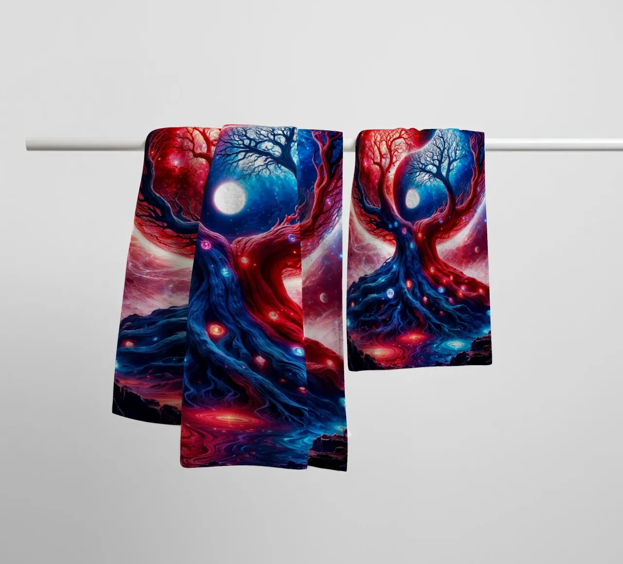 Paesaggio spaziale Yin Yang in rosso e blu asciugamano da bagno da Lootprint