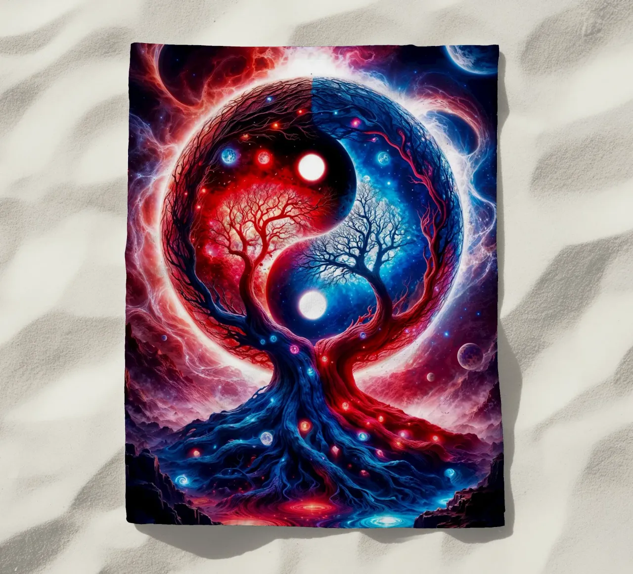 Paesaggio spaziale Yin Yang in rosso e blu telo mare da Lootprint