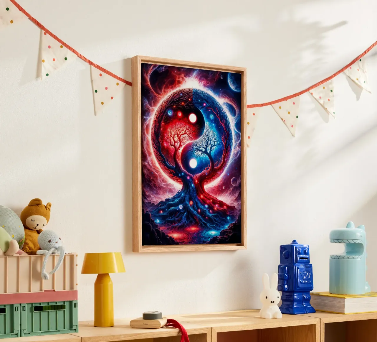Yin Yang Ruimte Landschap in Rood en Blauw canvas van Lootprint