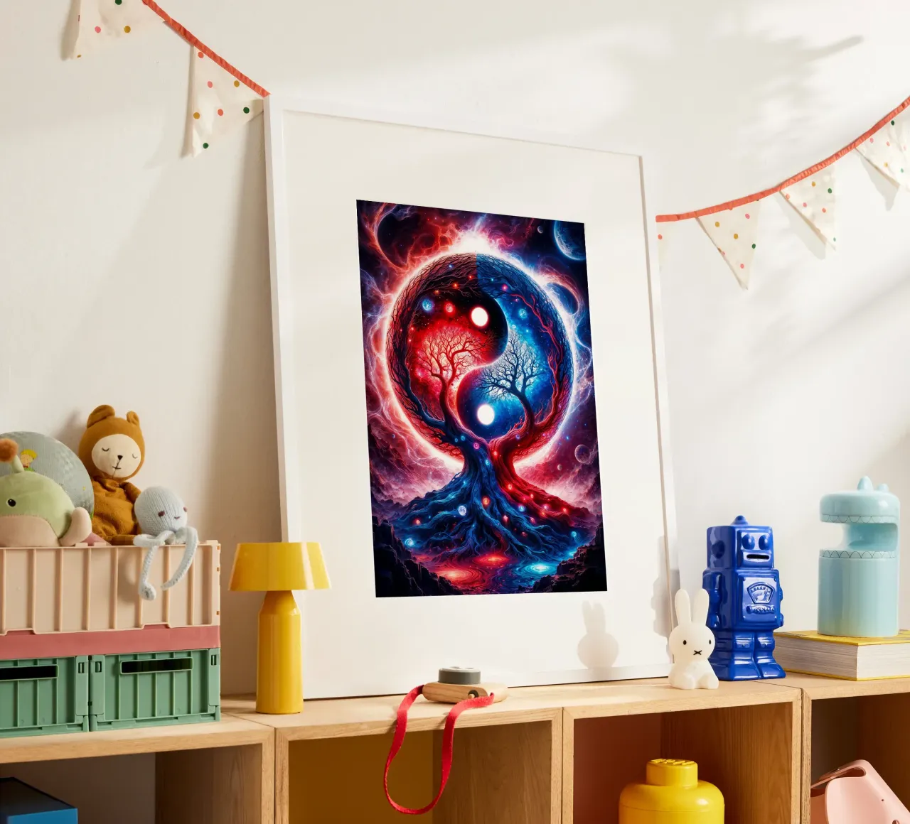 Paesaggio spaziale Yin Yang in rosso e blu carta hahnemühle da Lootprint