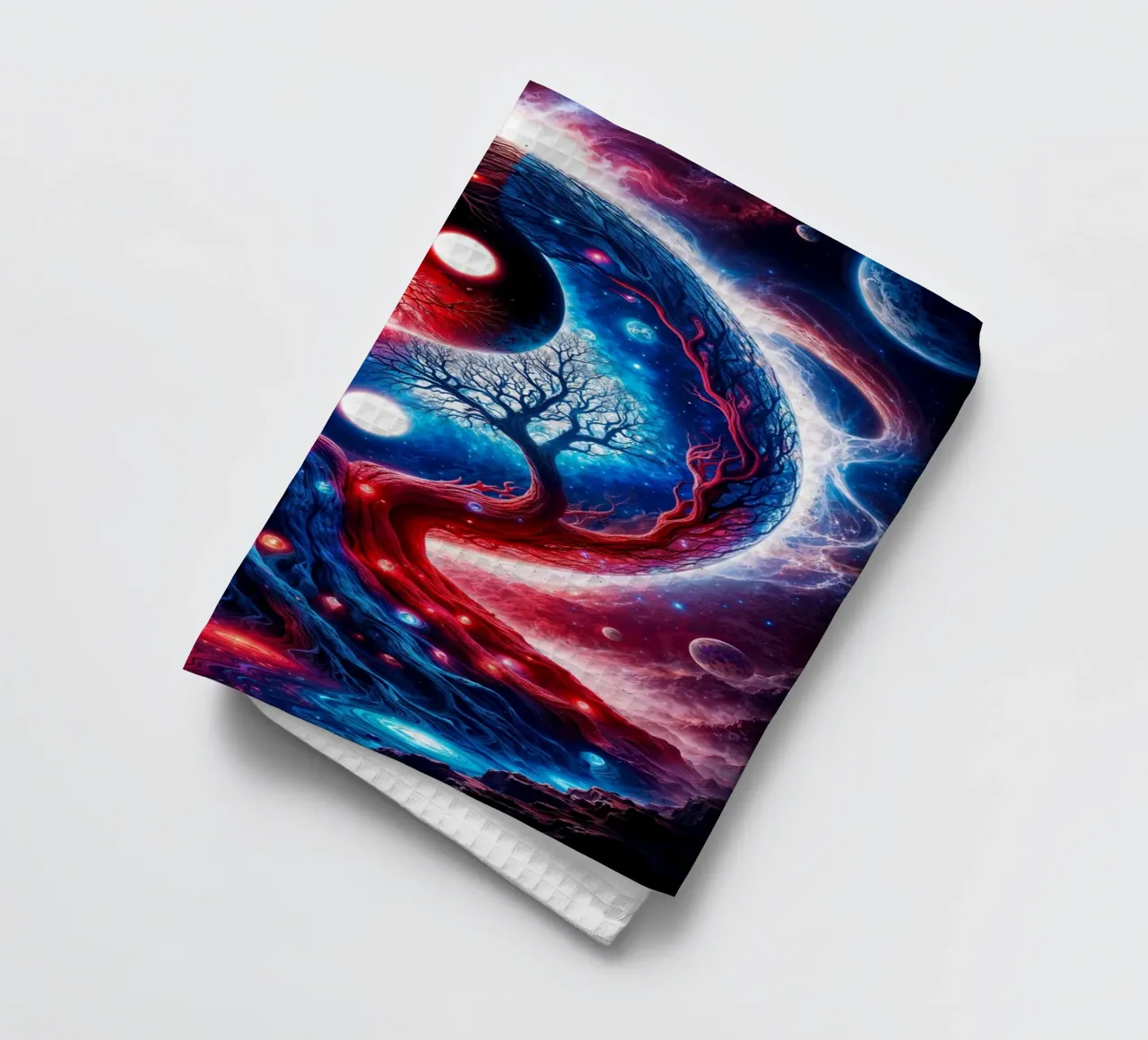 Paesaggio spaziale Yin Yang in rosso e blu canovaccio da cucina da Lootprint