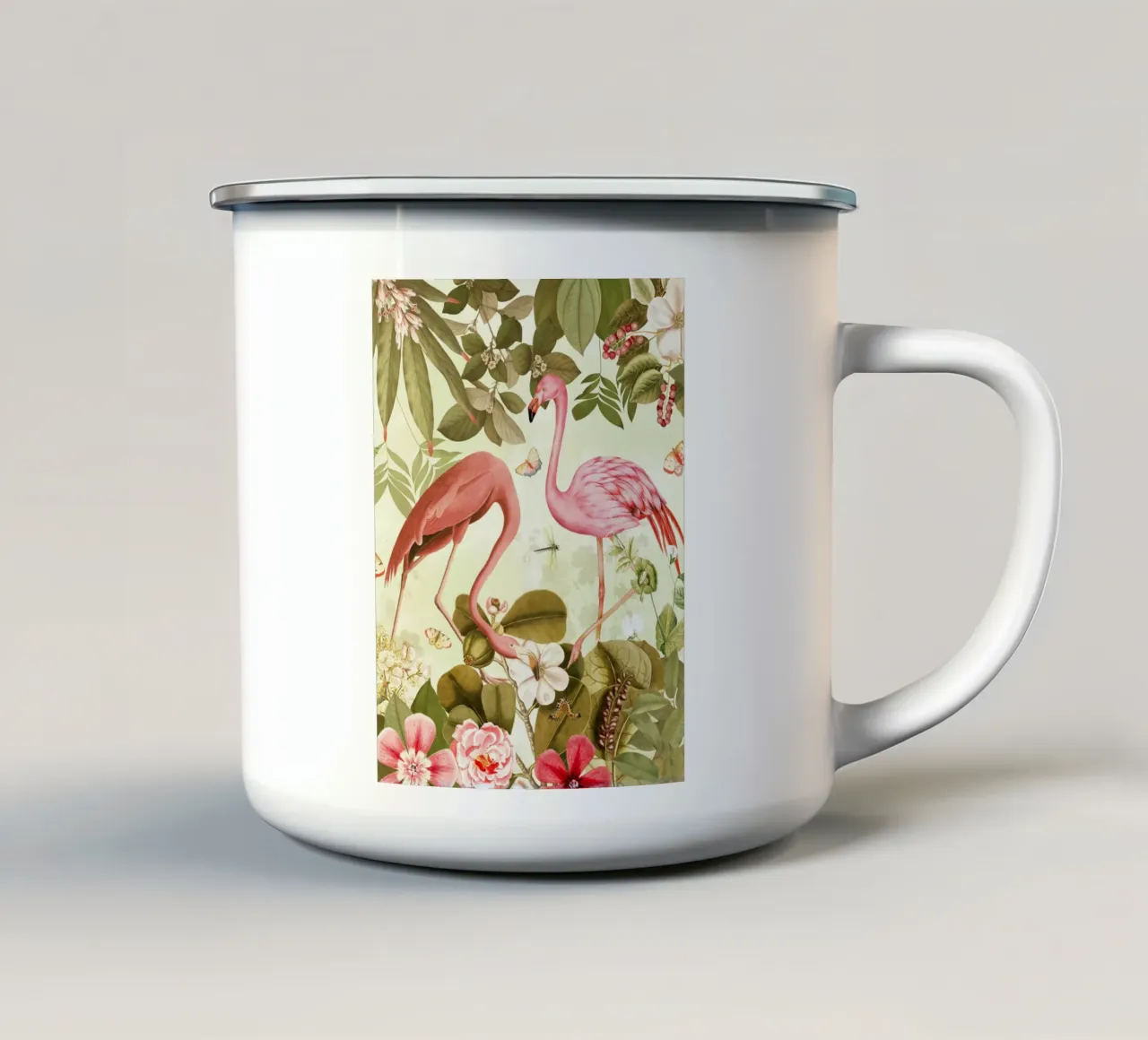 Fenicottero rosa d'epoca Fiore tropicale Paradiso della giungla 1 tazza in smalto da Vintage World - Uta Naumann