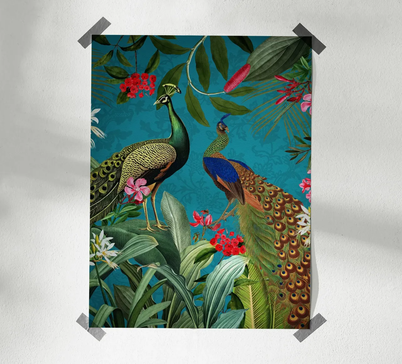 Giungla tropicale vintage mistica con pavoni 1 poster con telaio in alluminio da Vintage World - Uta Naumann