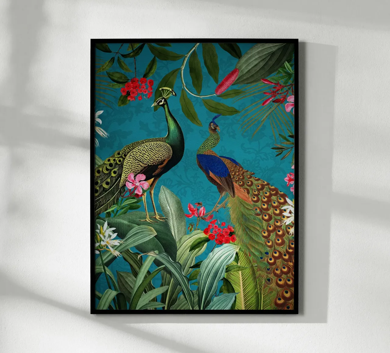 Giungla tropicale vintage mistica con pavoni 1 poster con telaio in alluminio da Vintage World - Uta Naumann