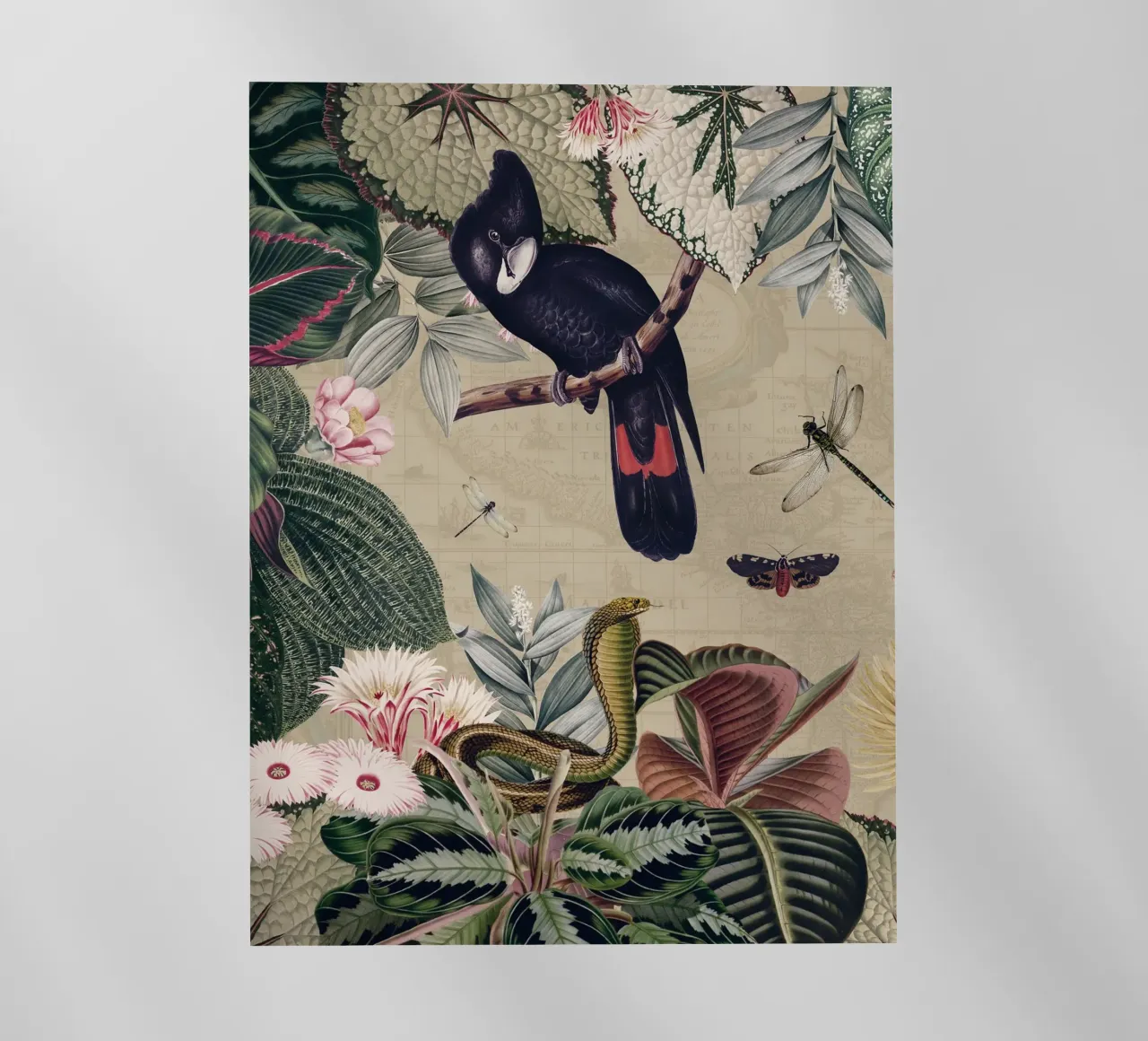 Cacatua nero esotico in una giungla tropicale d'epoca pellicola backlit da Vintage World - Uta Naumann