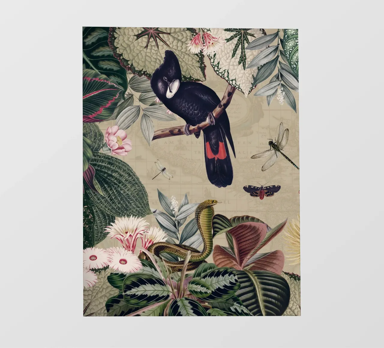 Cacatua nero esotico in una giungla tropicale d'epoca pellicola backlit da Vintage World - Uta Naumann