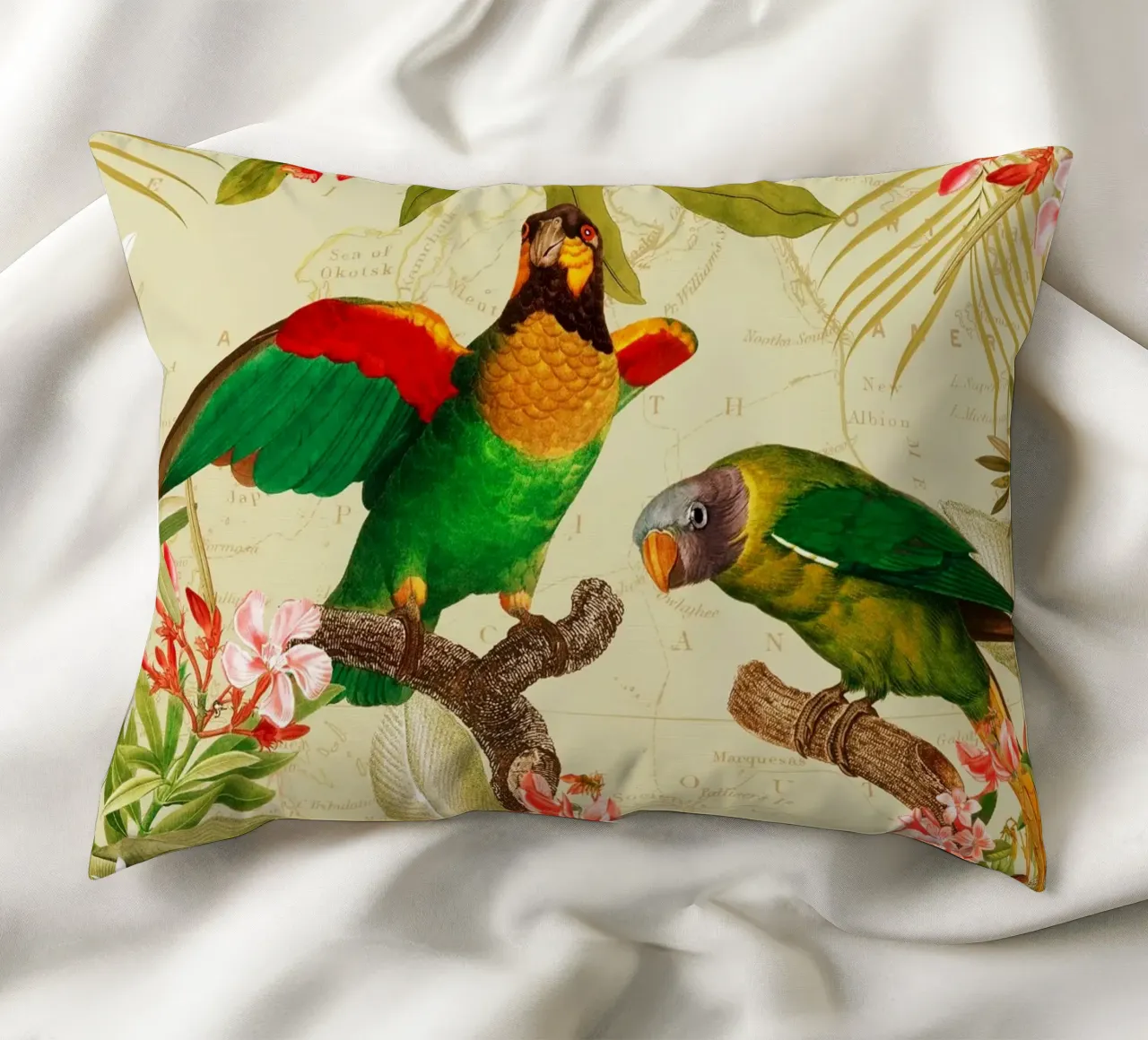 Pappagalli esotici colorati e nostalgici in una giungla tropicale 1 cuscino da Vintage World - Uta Naumann