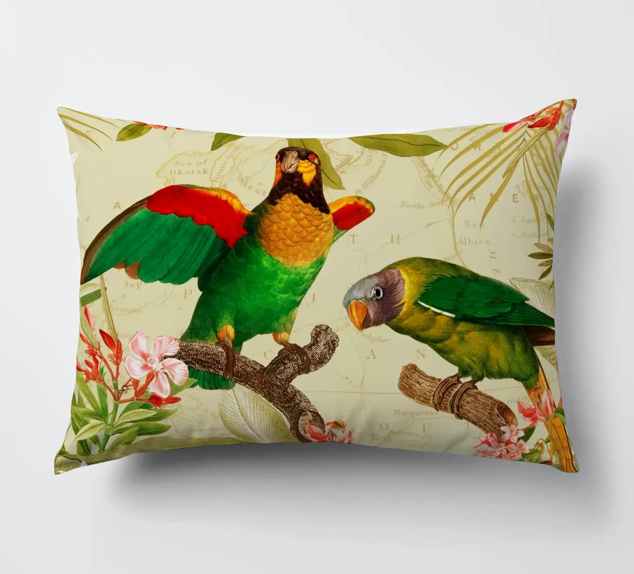 Pappagalli esotici colorati e nostalgici in una giungla tropicale 1 cuscino da Vintage World - Uta Naumann