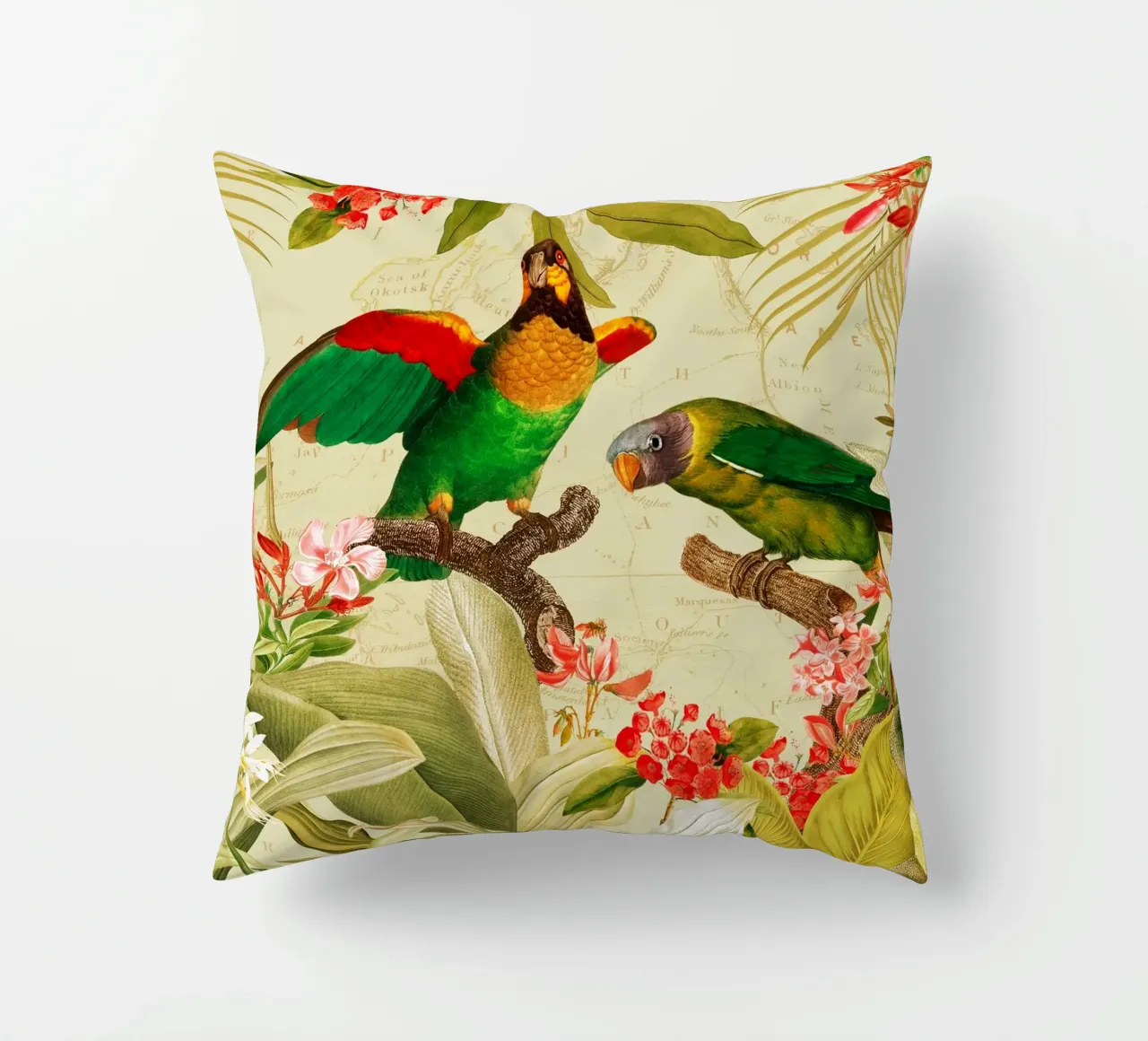 Pappagalli esotici colorati e nostalgici in una giungla tropicale 1 cuscino da Vintage World - Uta Naumann