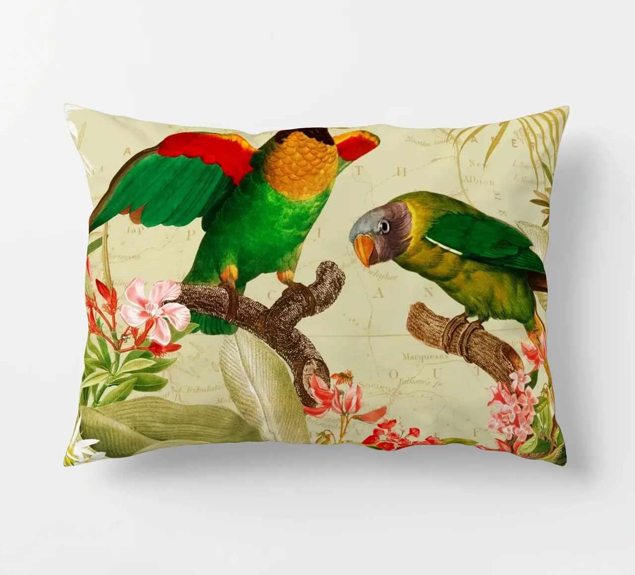 Pappagalli esotici colorati e nostalgici in una giungla tropicale 1 cuscino da Vintage World - Uta Naumann