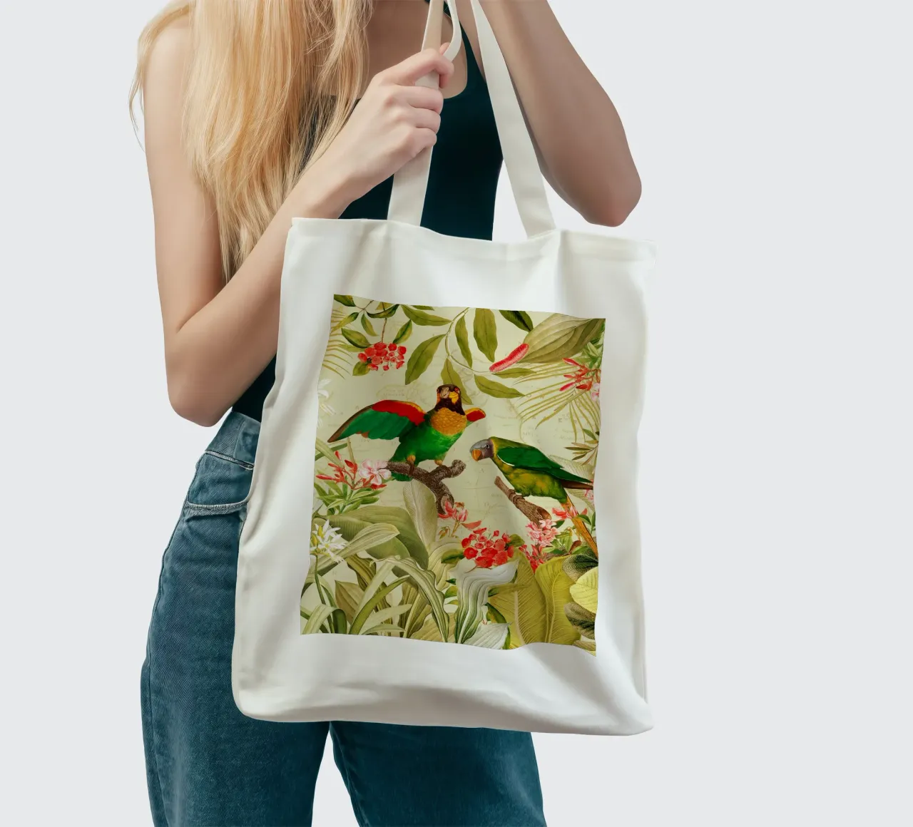 Pappagalli esotici colorati e nostalgici in una giungla tropicale 1 borsa in juta da Vintage World - Uta Naumann