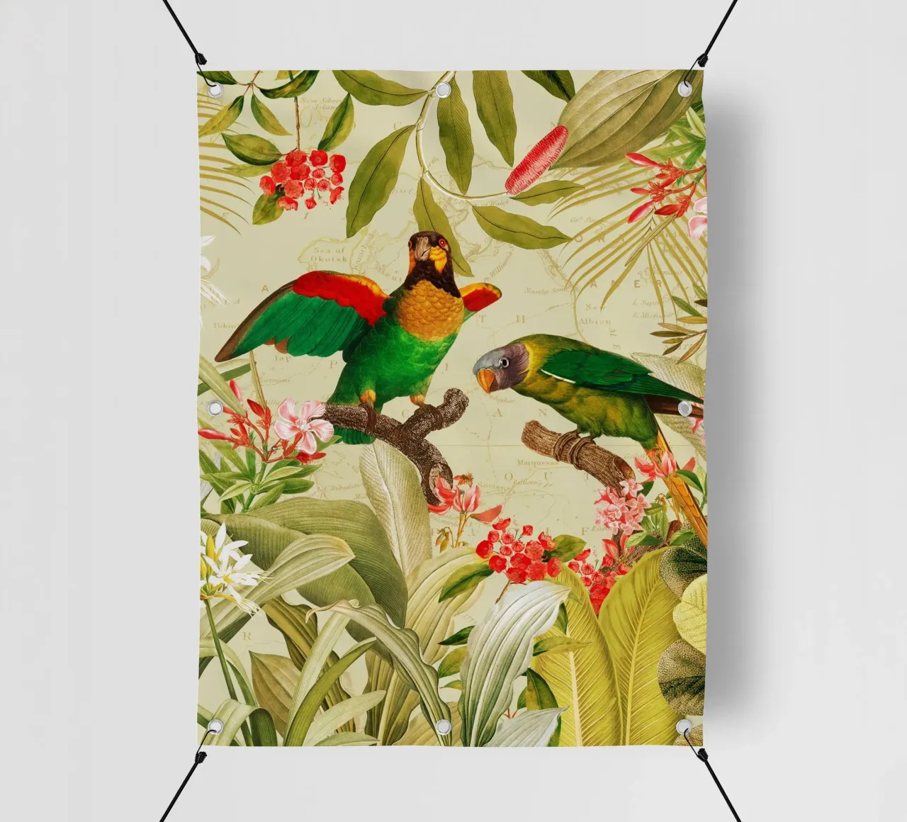 Pappagalli esotici colorati e nostalgici in una giungla tropicale 1 telo in pvc da Vintage World - Uta Naumann