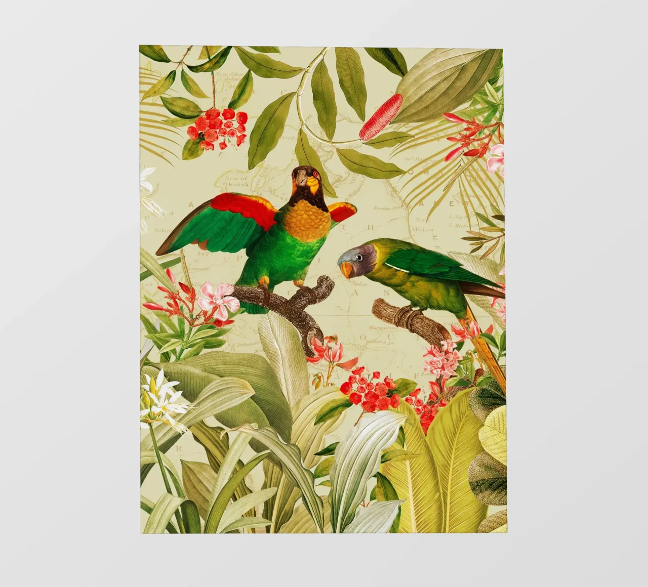 Pappagalli esotici colorati e nostalgici in una giungla tropicale 1 telo in pvc da Vintage World - Uta Naumann