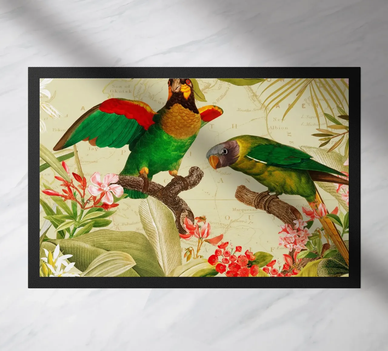 Pappagalli esotici colorati e nostalgici in una giungla tropicale 1 zerbino da Vintage World - Uta Naumann