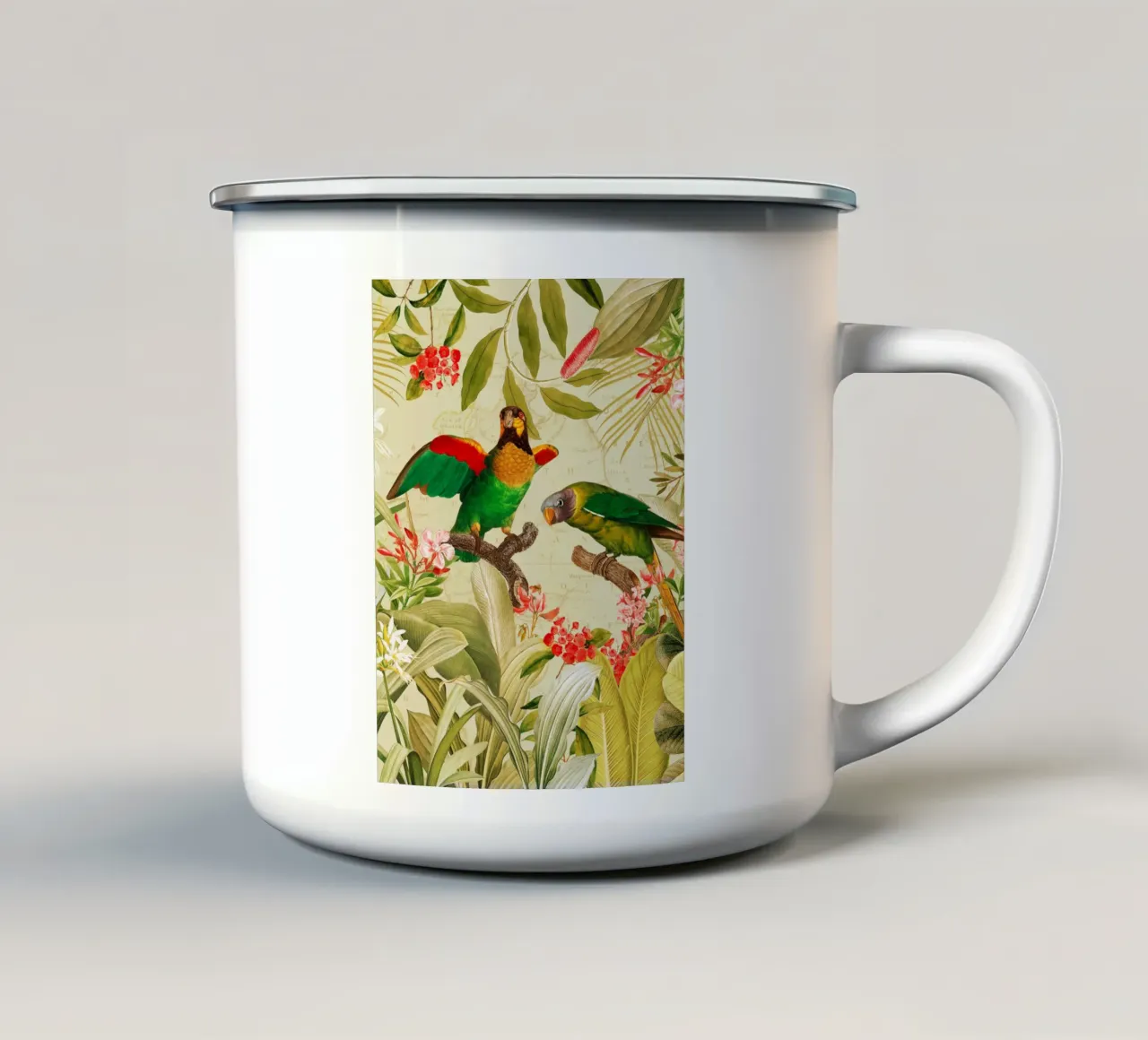 Pappagalli esotici colorati e nostalgici in una giungla tropicale 1 tazza in smalto da Vintage World - Uta Naumann