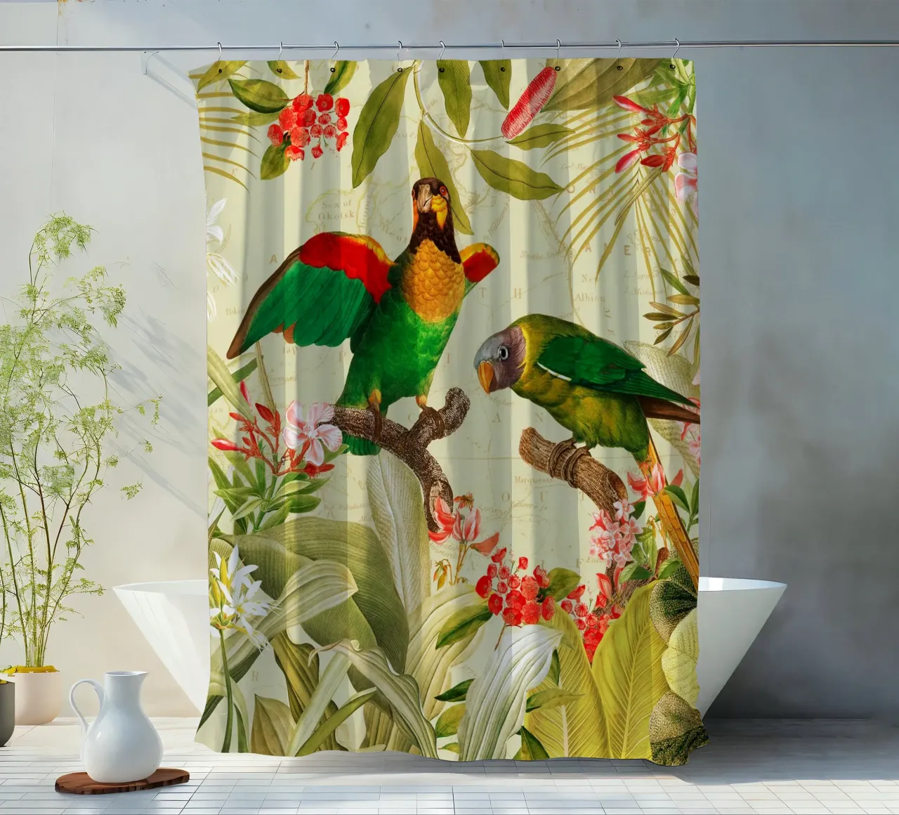 Pappagalli esotici colorati e nostalgici in una giungla tropicale 1 tenda da doccia da Vintage World - Uta Naumann