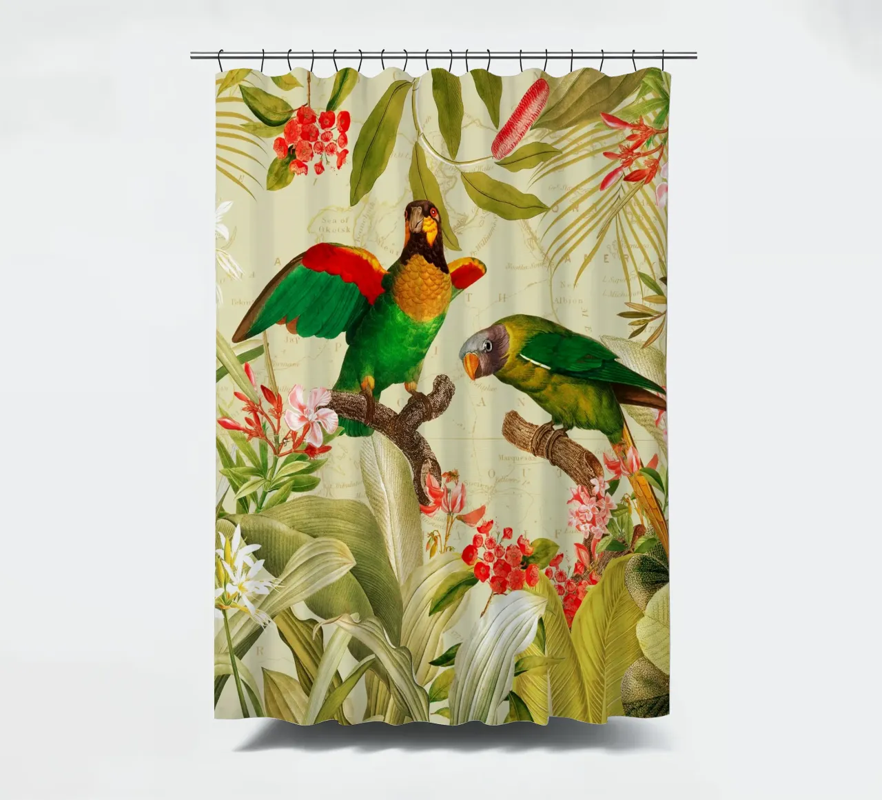 Pappagalli esotici colorati e nostalgici in una giungla tropicale 1 tenda da doccia da Vintage World - Uta Naumann