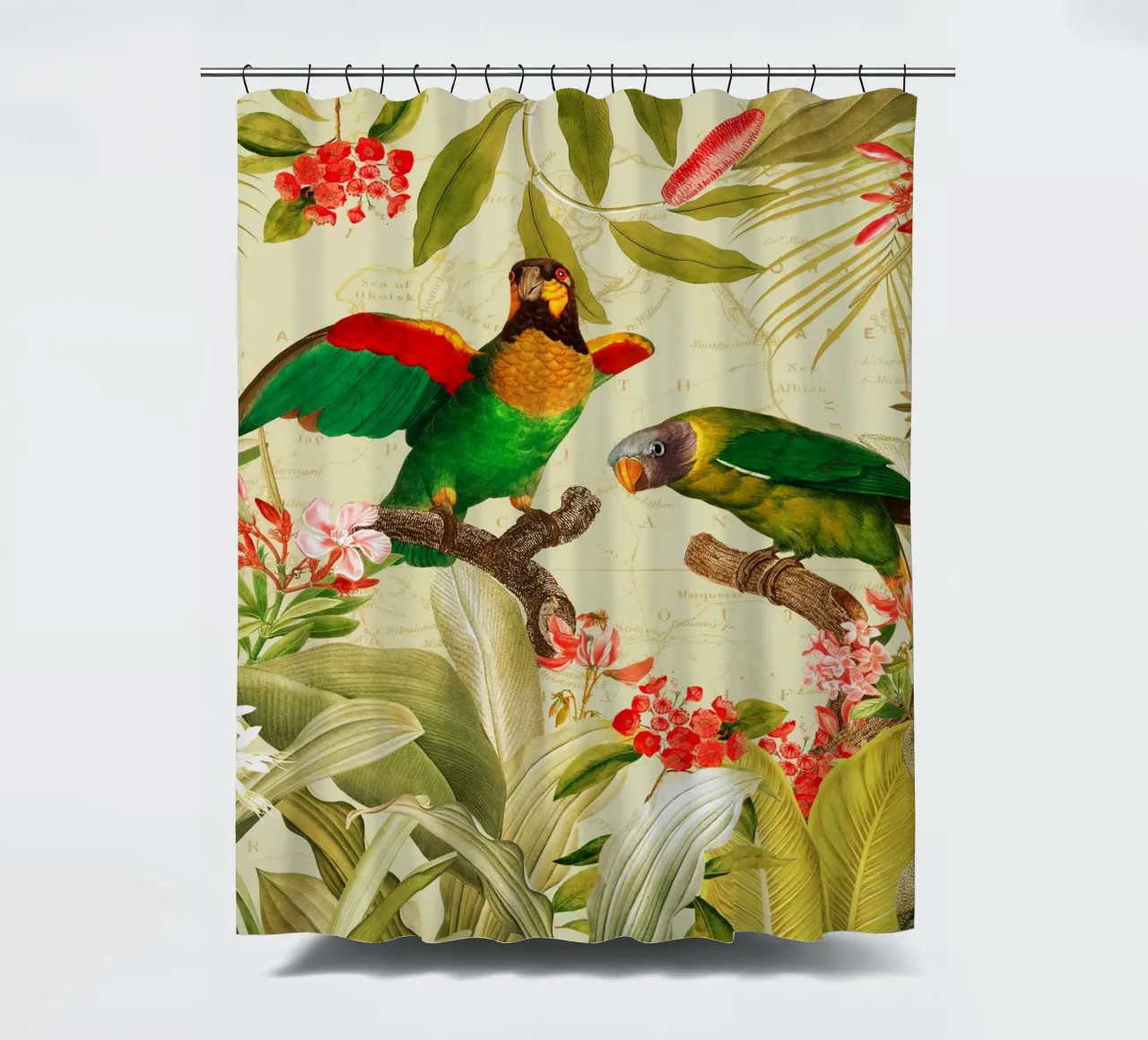 Pappagalli esotici colorati e nostalgici in una giungla tropicale 1 tenda da doccia da Vintage World - Uta Naumann