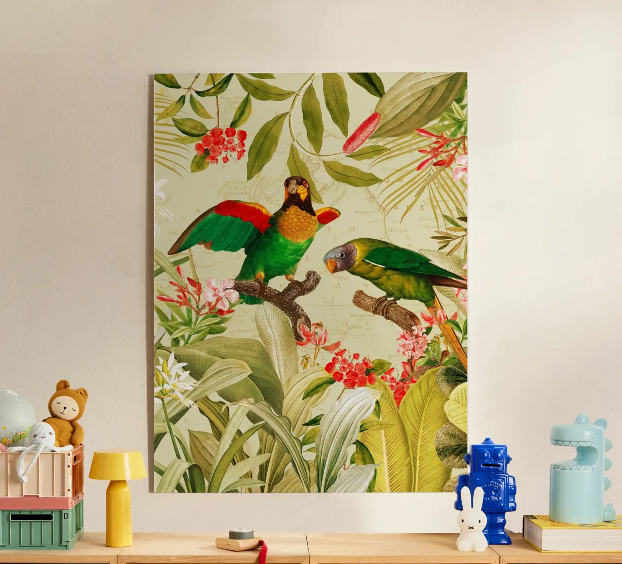 Pappagalli esotici colorati e nostalgici in una giungla tropicale 1 plexiglass da Vintage World - Uta Naumann
