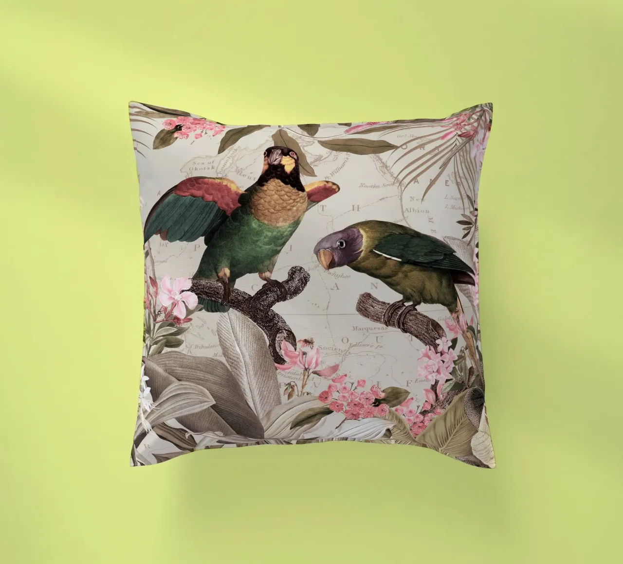 Pappagalli esotici colorati e nostalgici in una giungla tropicale 2 cuscino da Vintage World - Uta Naumann