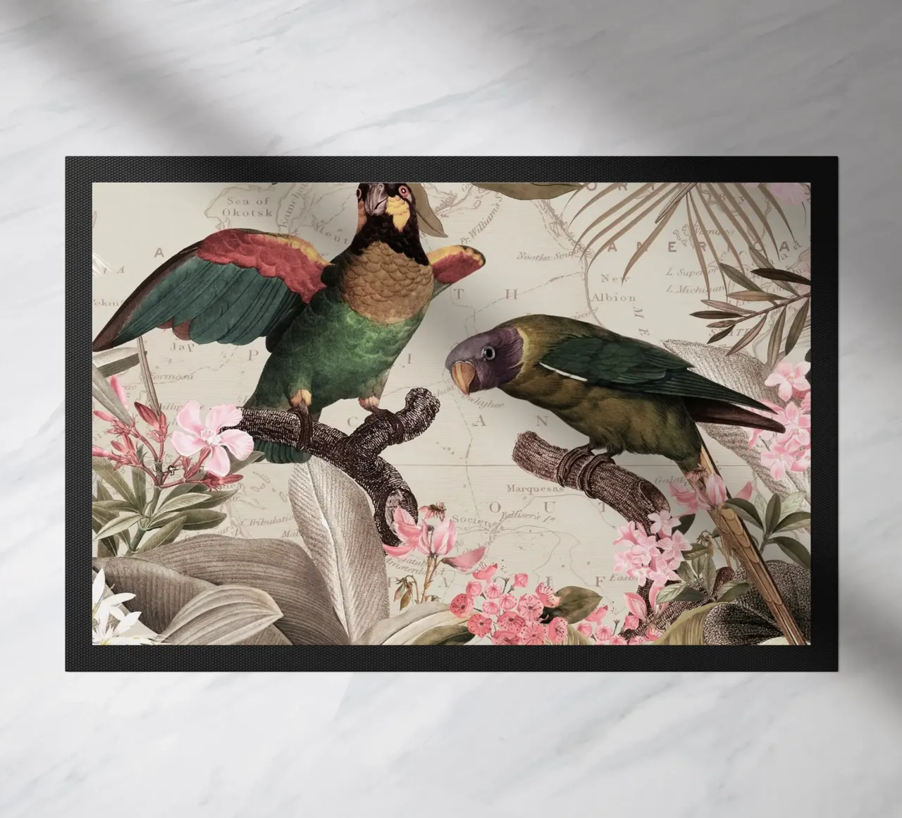 Pappagalli esotici colorati e nostalgici in una giungla tropicale 2 zerbino da Vintage World - Uta Naumann