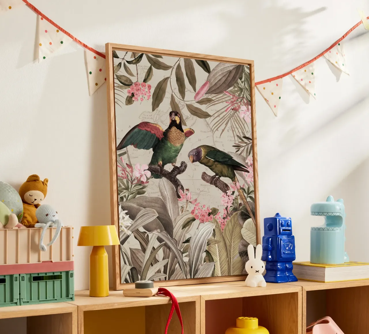 Pappagalli esotici colorati e nostalgici in una giungla tropicale 2 plexiglass da Vintage World - Uta Naumann