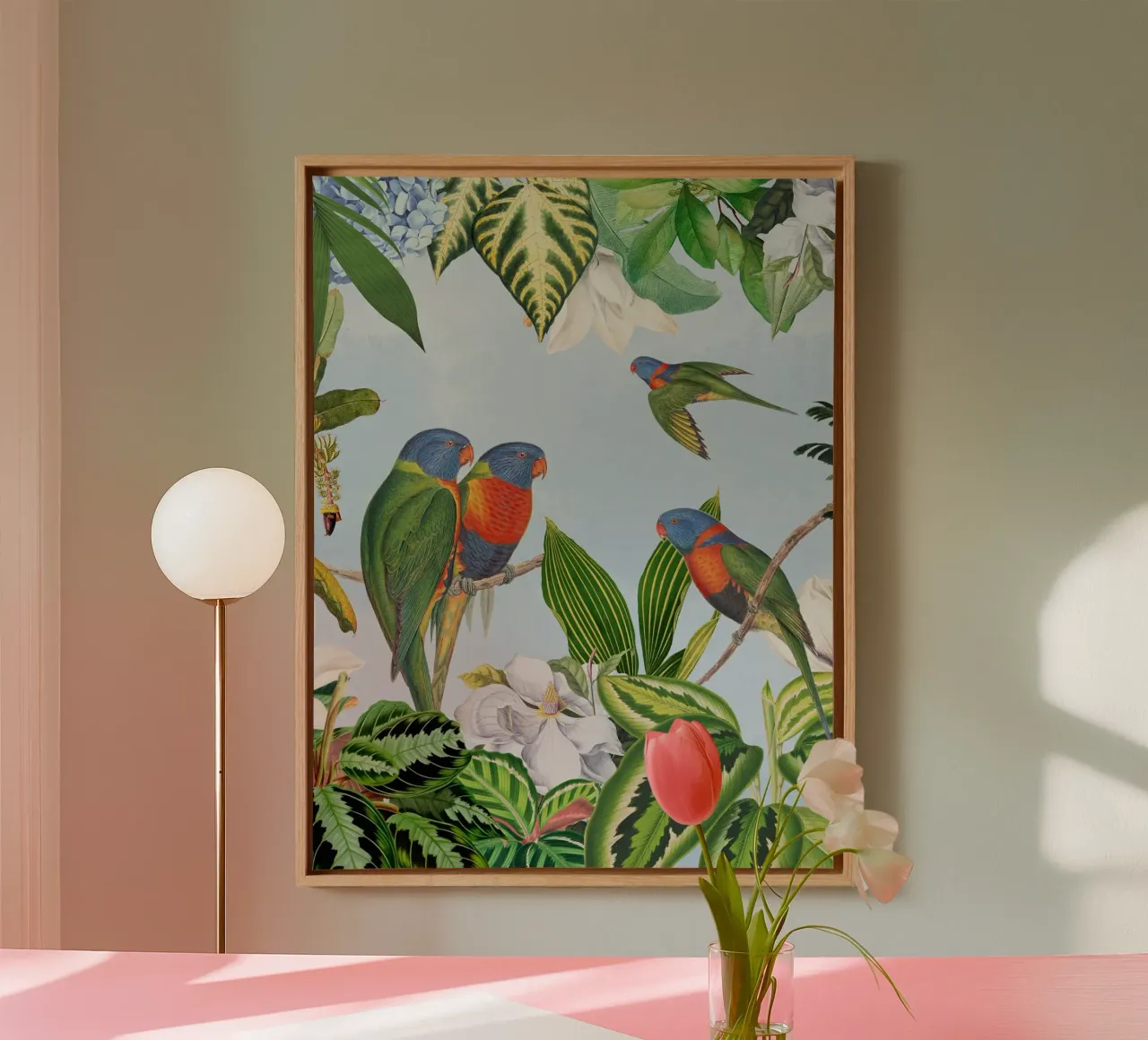 Pappagalli esotici in un'avventura nella giungla tropicale tela con Cornice a cassetta da Vintage World - Uta Naumann