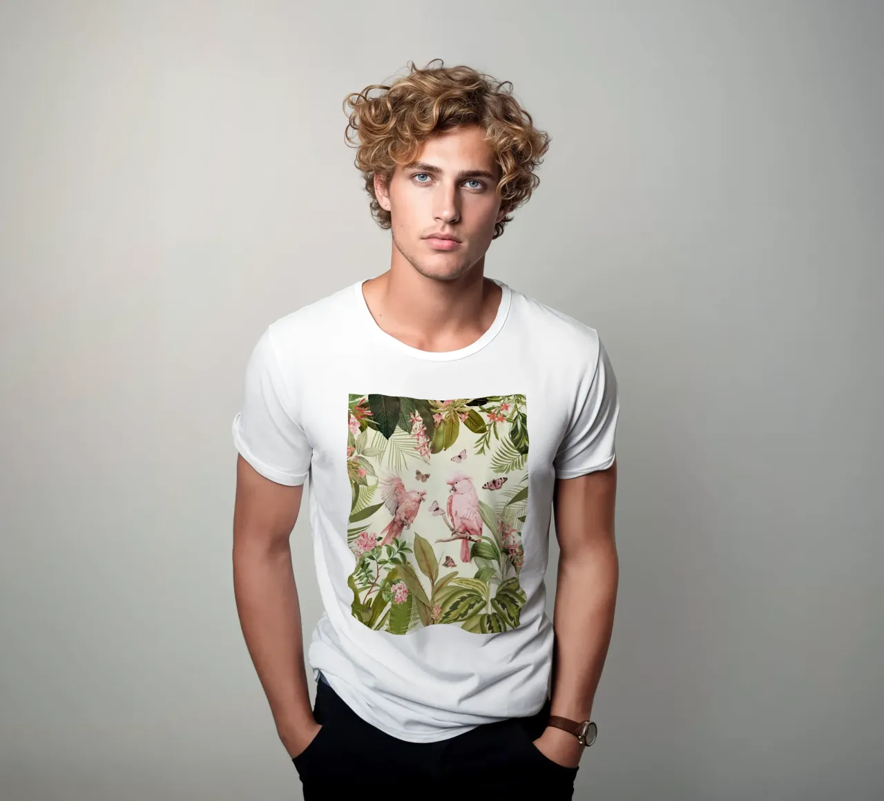 Nostálgicos loros rosas bailan en un jardín selvático tropical 1 camiseta de Vintage World - Uta Naumann