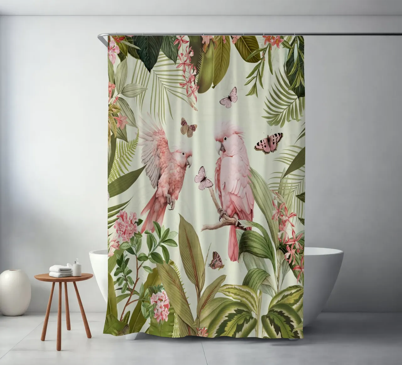 Nostalgici pappagalli rosa danzano in un giardino della giungla tropicale 1 tenda da doccia da Vintage World - Uta Naumann